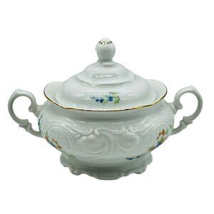 Wawel China Rose Garden Sugar Bowl with Lid‎ Poland Embossed Gold Gilt 5 inch